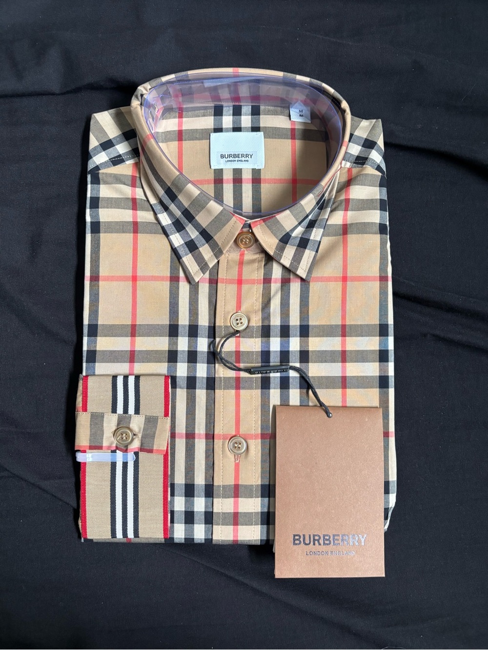 NWT Never Worn Burberry Beige Plaid Button-Down Shirt with Black and Red Accents